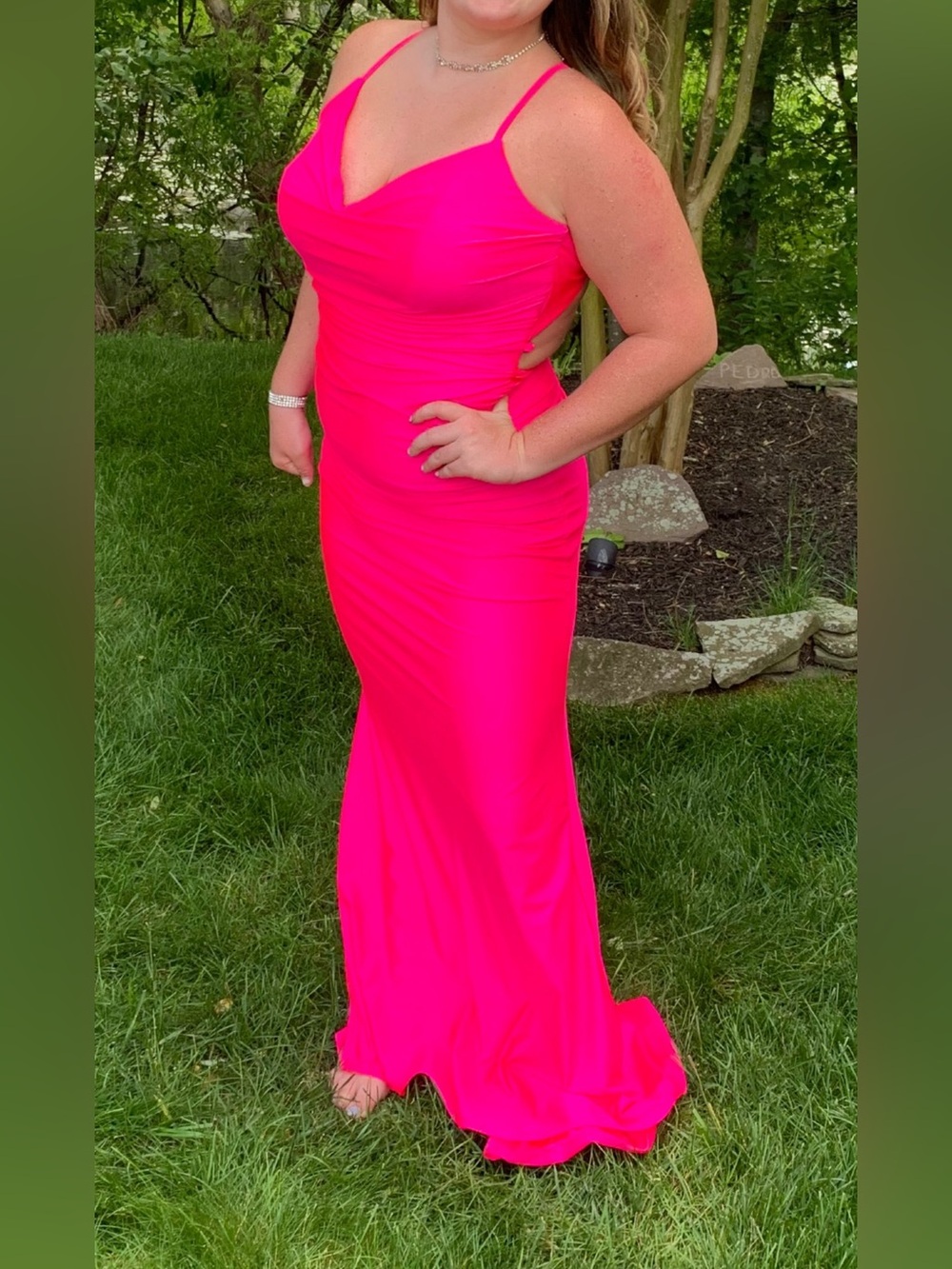 La Femme Hot Pink Spaghetti-Strap Prom Gown